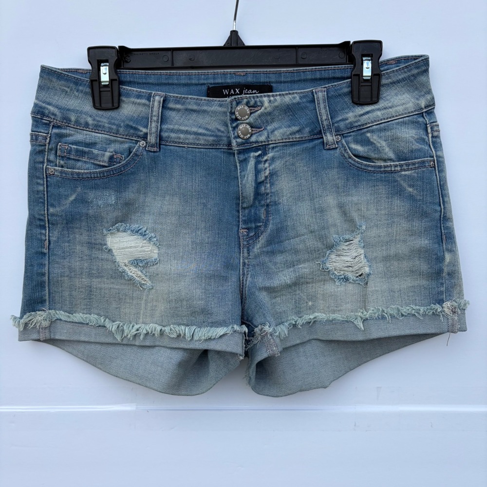 Wax Jean Los Angeles Distressed Denim Shorts Light Wash Frayed Hem Low Rise L